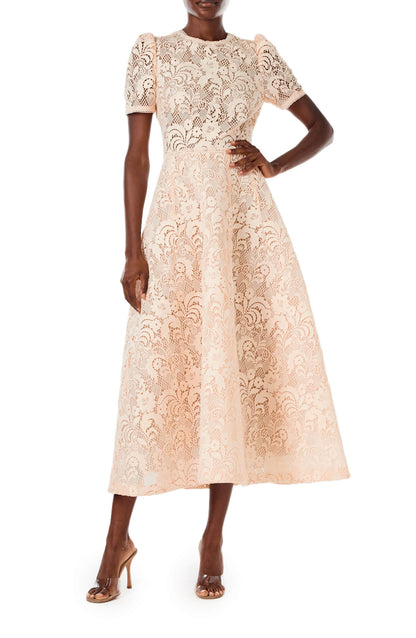 Monique Lhuillier short sleeve, midi length dress in blush creme lace.