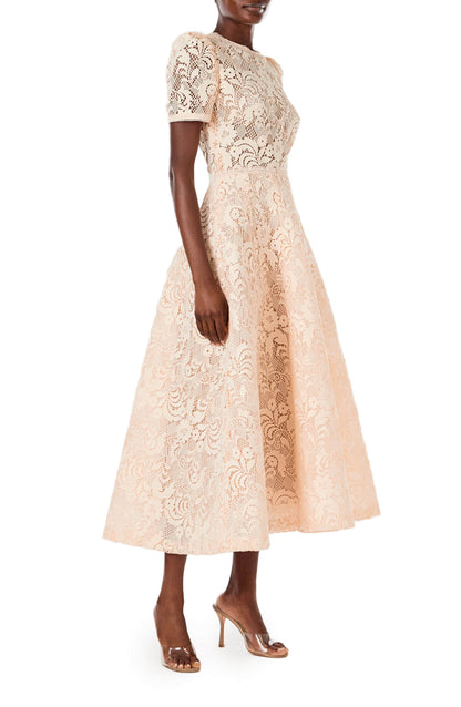 Monique Lhuillier short sleeve, midi length dress in blush creme lace.