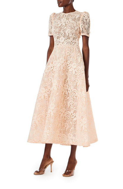 Monique Lhuillier short sleeve, midi length dress in blush creme lace.