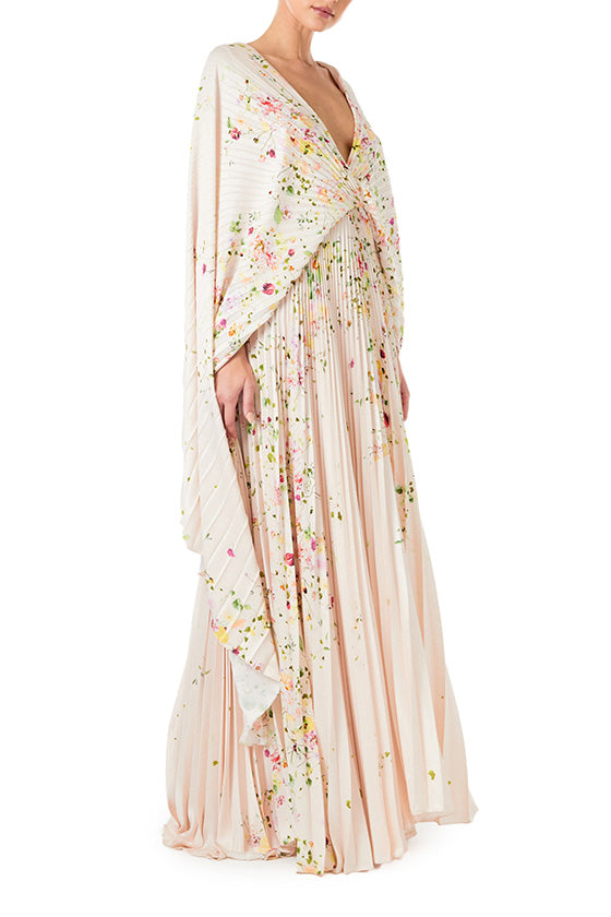 Monique Lhuillier floral printed plisse caftan with deep v neckline and cape sleeves.