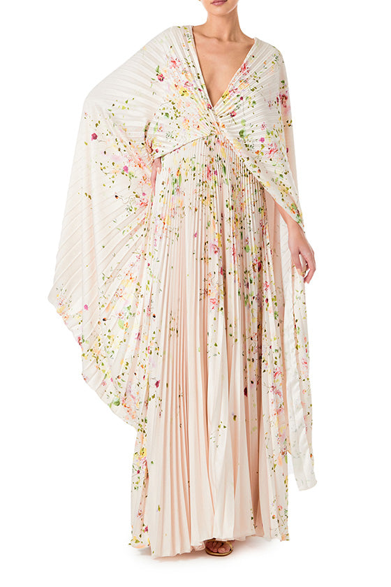 Monique Lhuillier floral printed plisse caftan with deep v neckline and cape sleeves.