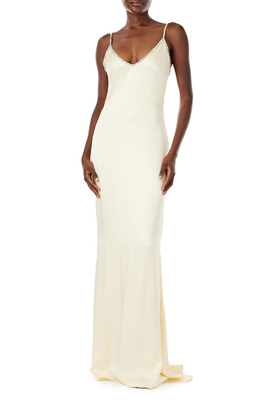 Monique Lhuillier creme satin slip gown with crystal embroidered straps and neckline.