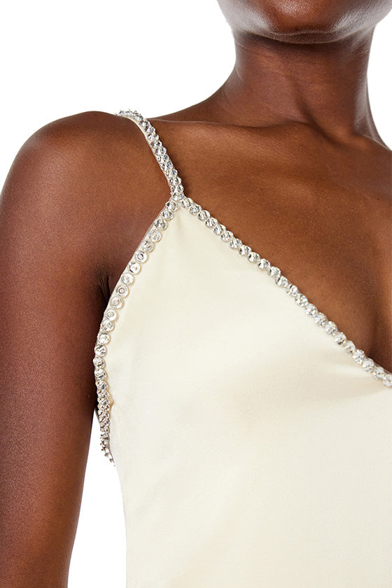 Monique Lhuillier creme satin slip gown with crystal embroidered straps and neckline.