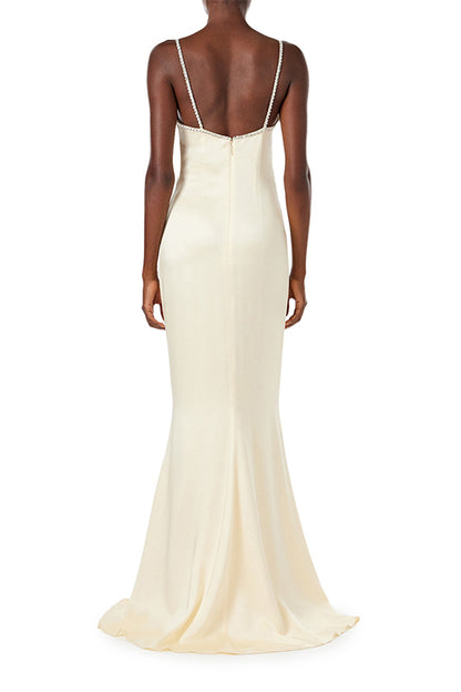 Monique Lhuillier creme satin slip gown with crystal embroidered straps and neckline.