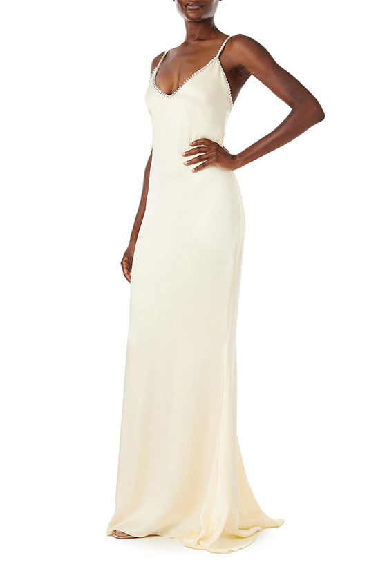 Monique Lhuillier creme satin slip gown with crystal embroidered straps and neckline.