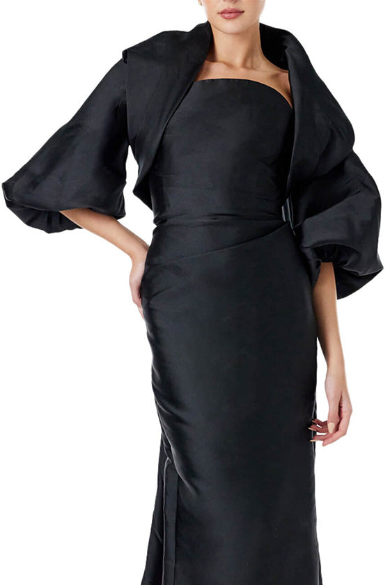 Monique Lhuillier draped cocoon evening jacket in black faille shown with the strapless column gown in black and pink.