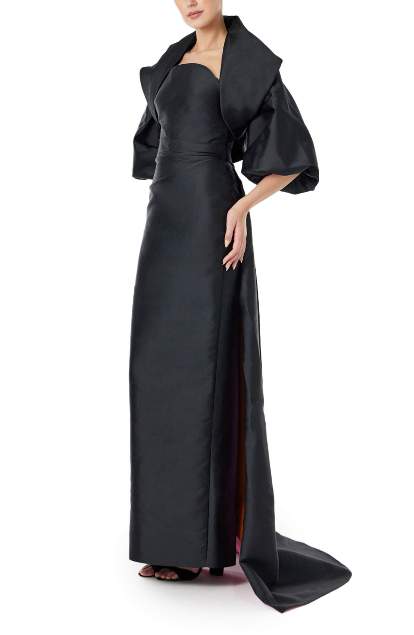 Monique Lhuillier draped cocoon evening jacket in black faille shown with the strapless column gown in black and pink.