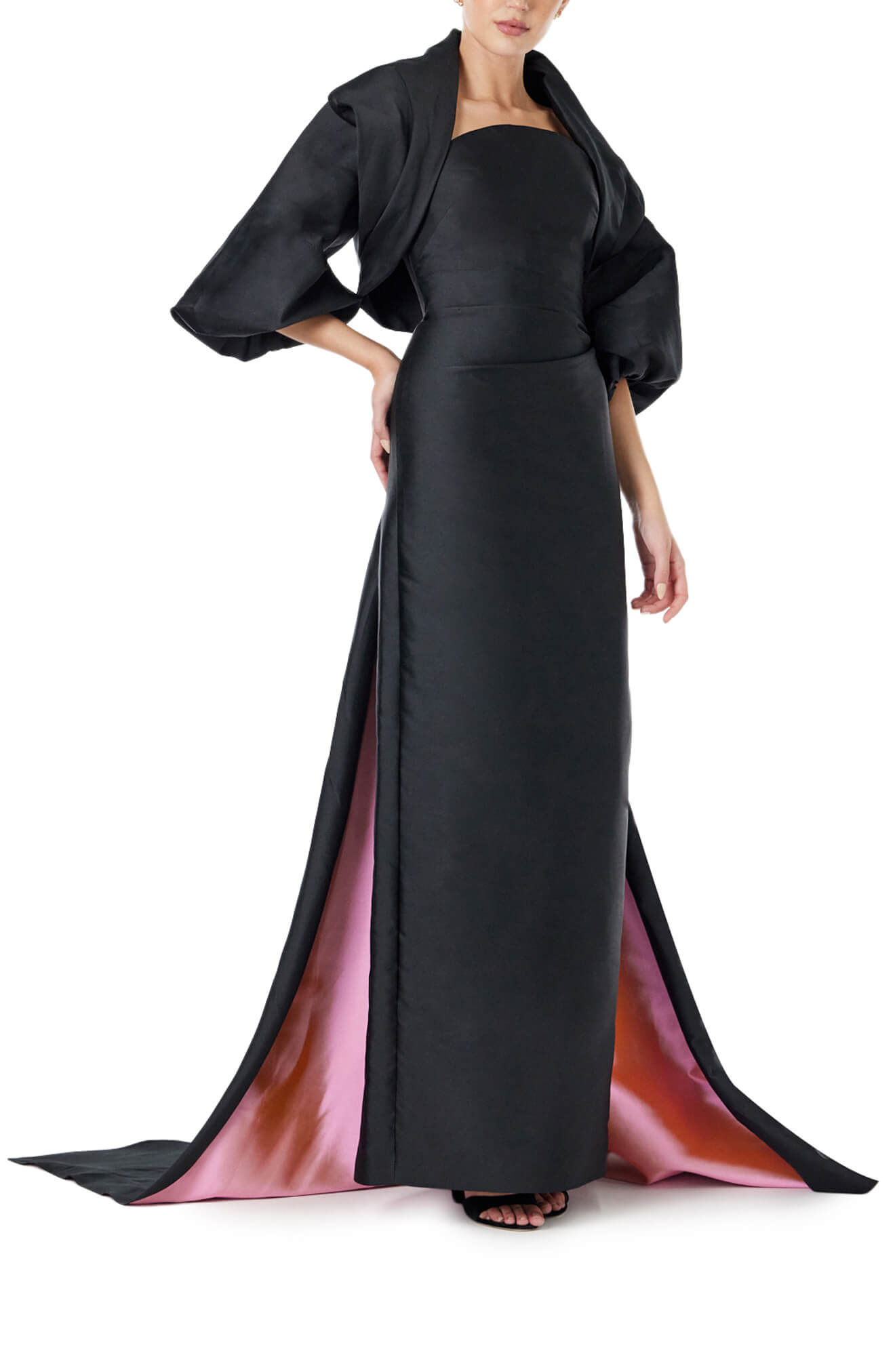 Monique Lhuillier draped cocoon evening jacket in black faille shown with the strapless column gown in black and pink.