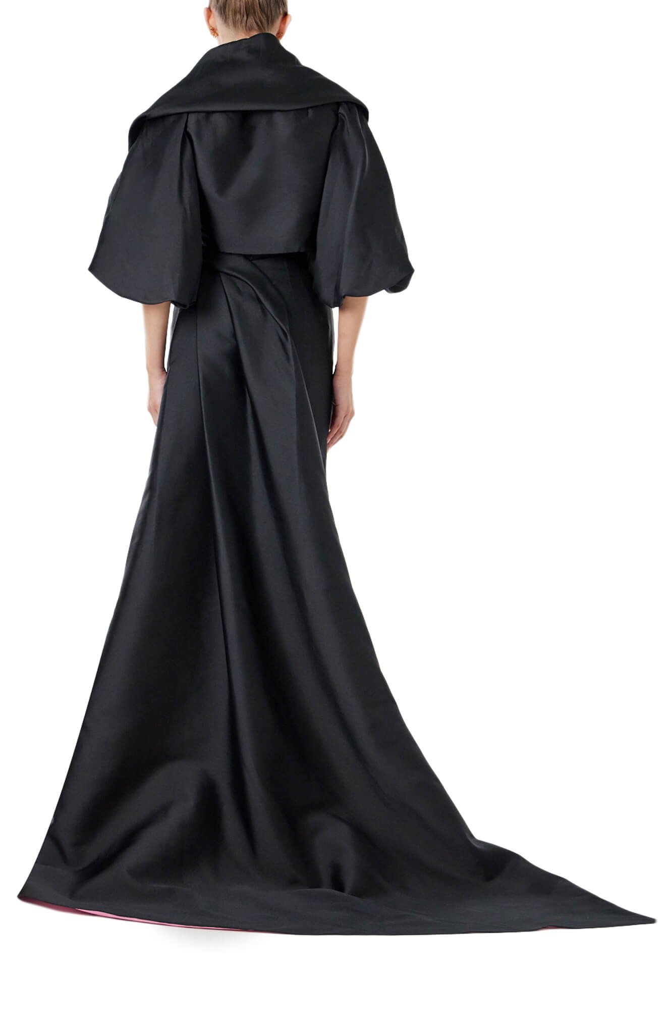 Monique Lhuillier draped cocoon evening jacket in black faille shown with the strapless column gown in black and pink.