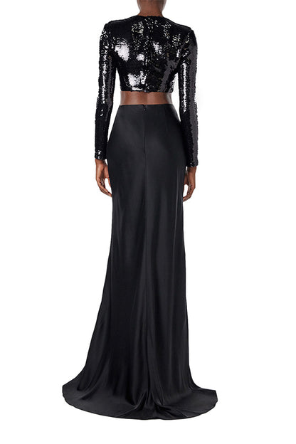 Monique Lhuillier long sleeve black sequin cropped top.