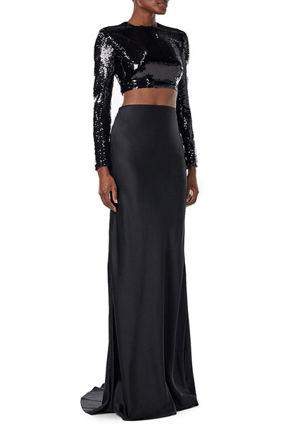 Monique Lhuillier black satin floor length evening skirt.