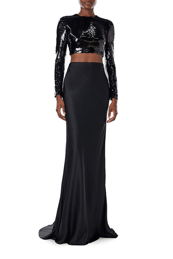 Monique Lhuillier long sleeve black sequin cropped top.