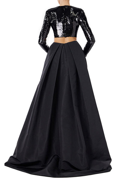 Monique Lhuillier black silk faille ball skirt with high leg slit.