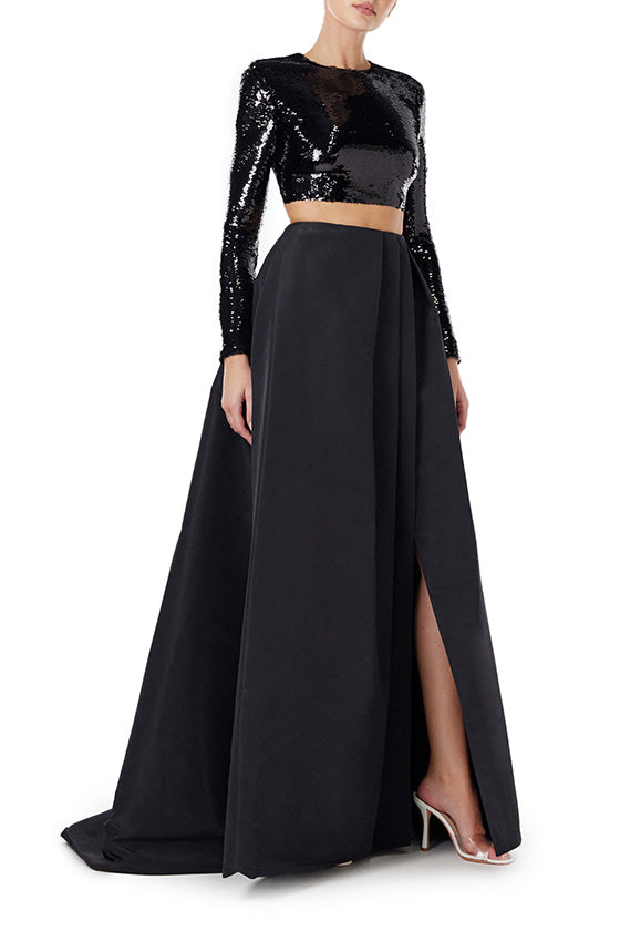 Monique Lhuillier long sleeve black sequin cropped top.