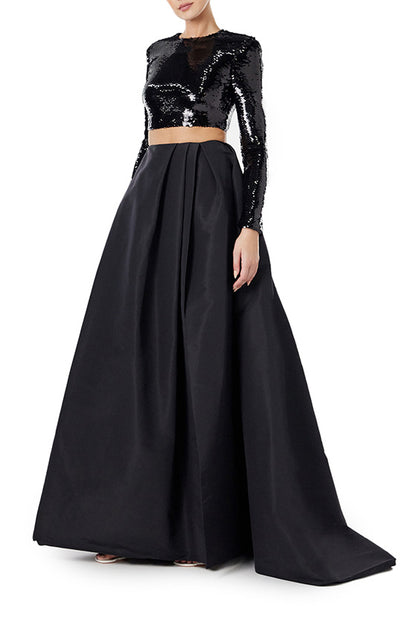 Monique Lhuillier black silk faille ball skirt with high leg slit.