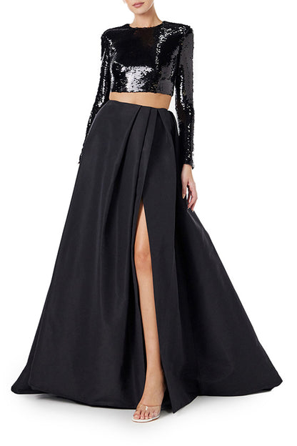 Monique Lhuillier black silk faille ball skirt with high leg slit.