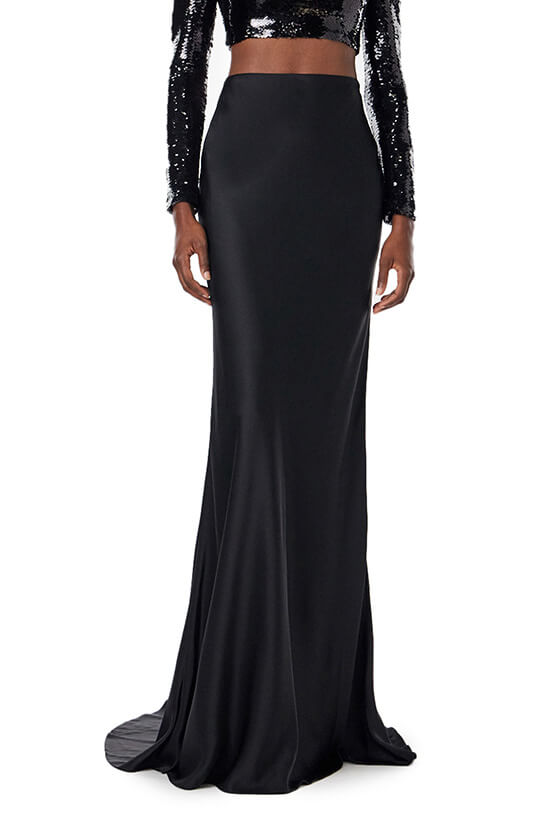 Monique Lhuillier black satin floor length evening skirt.