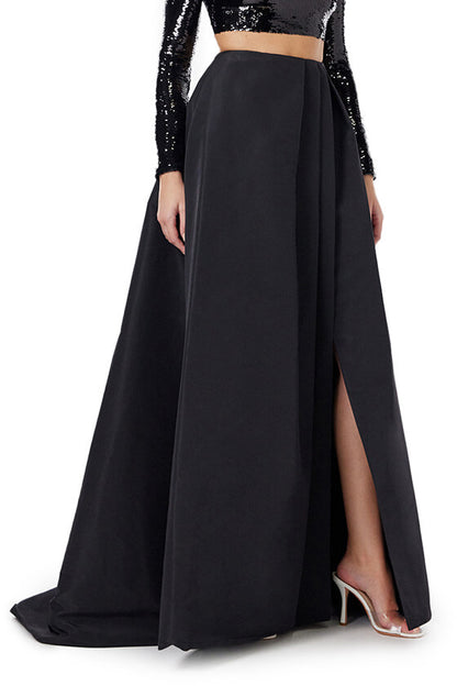 Monique Lhuillier black silk faille ball skirt with high leg slit.