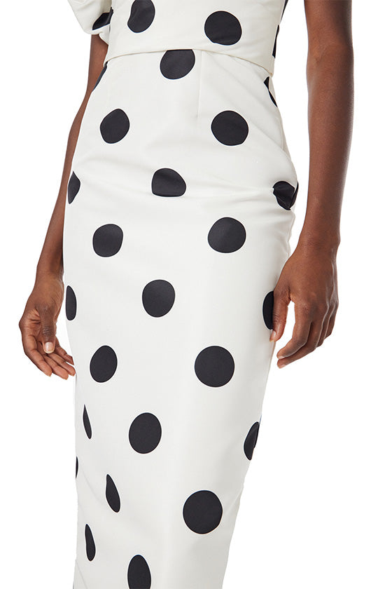 Monique Lhuillier one shoulder white silk faille dress with black polka dots and ruffle sculptural shoulder.