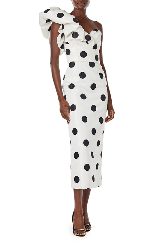 Monique Lhuillier one shoulder white silk faille dress with black polka dots and ruffle sculptural shoulder.