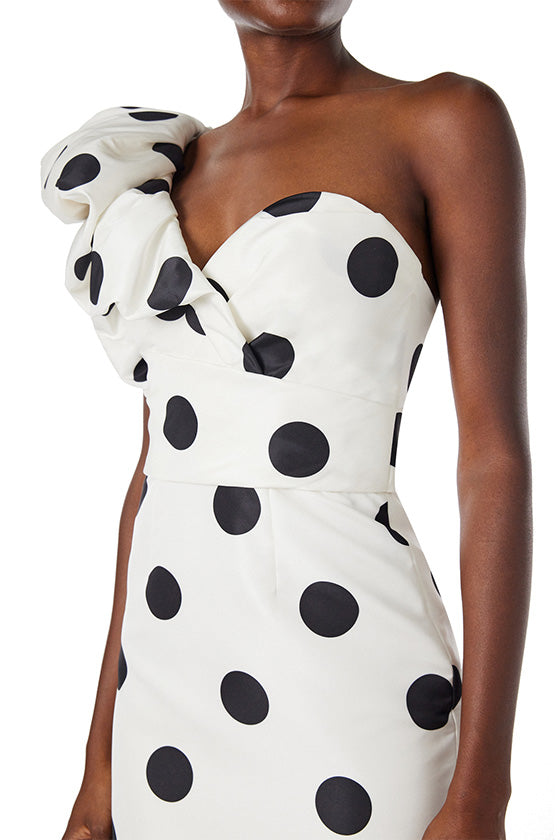 Monique Lhuillier one shoulder white silk faille dress with black polka dots and ruffle sculptural shoulder.