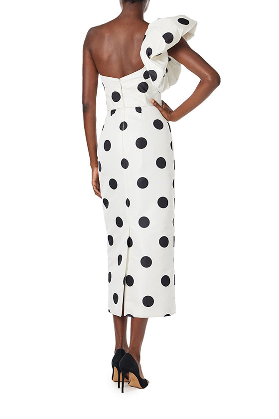 Monique Lhuillier one shoulder white silk faille dress with black polka dots and ruffle sculptural shoulder.