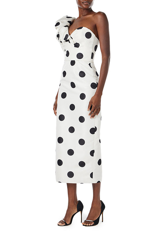 Monique Lhuillier one shoulder white silk faille dress with black polka dots and ruffle sculptural shoulder.