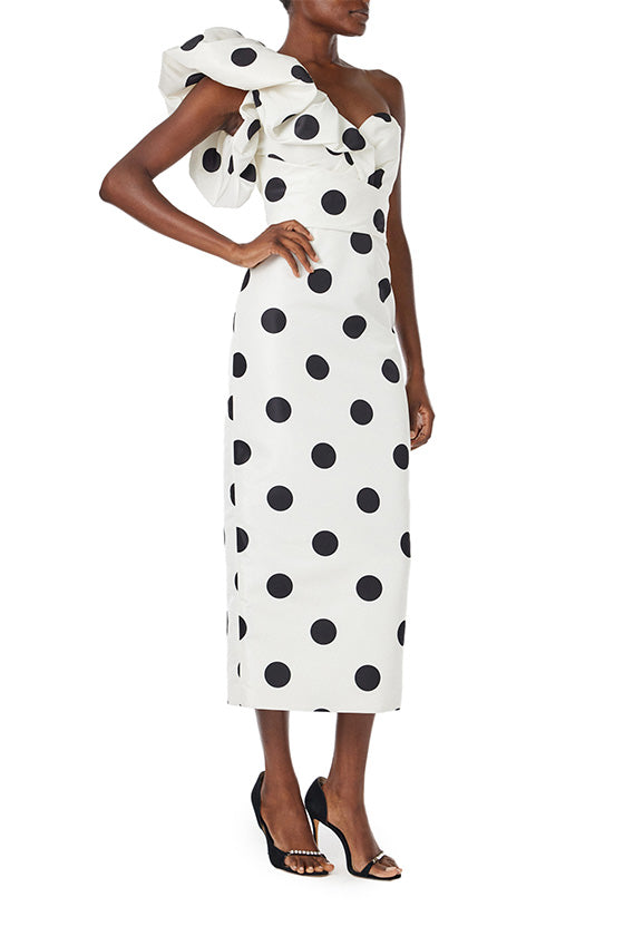 Monique Lhuillier one shoulder white silk faille dress with black polka dots and ruffle sculptural shoulder.