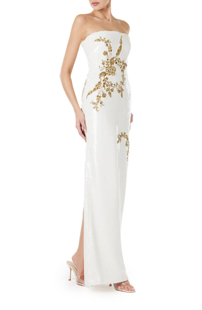 Monique Lhuillier strapless sequin column gown in silk white sequins and gold embroidery.