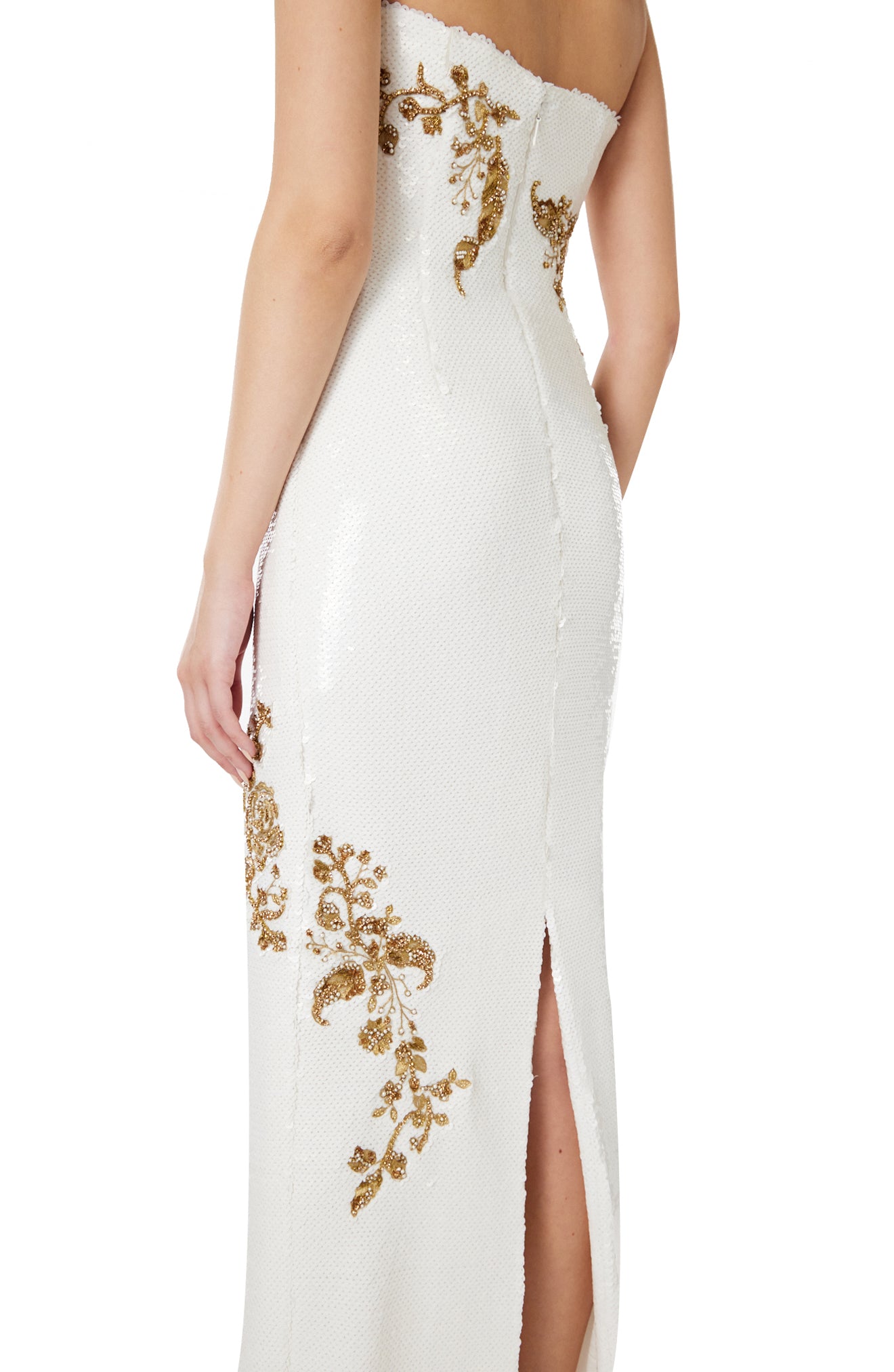 Monique Lhuillier strapless sequin column gown in silk white sequins and gold embroidery.