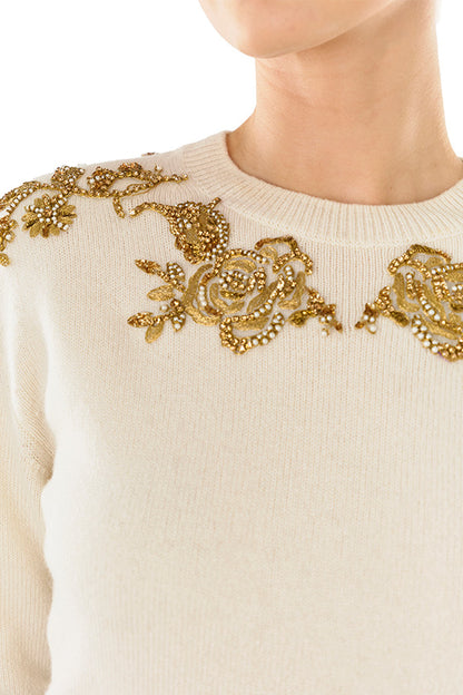 Monique Lhuillier silk white cashmere sweater with gold embroidery.