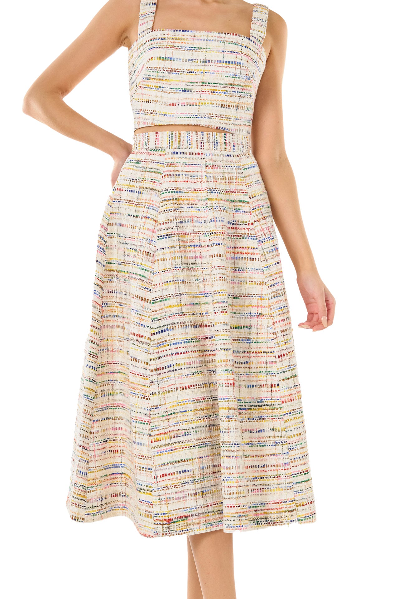 Monique Lhuillier Spring 2024 silk white multi tweed midi skirt and crop top - detail.