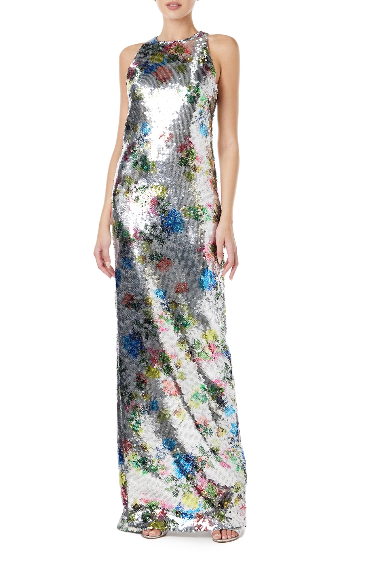 Monique Lhuillier Spring 2024 printed silver sequin colum gown with sleeveless, cut-away neckline - front.