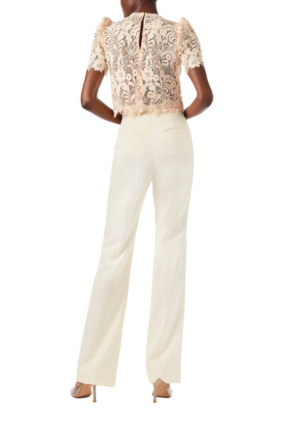 Monique Lhuillier Spring 2024 blush lace short sleeve, jewel neck lace top with sculpted shoulder and lace scallop detailing - back.