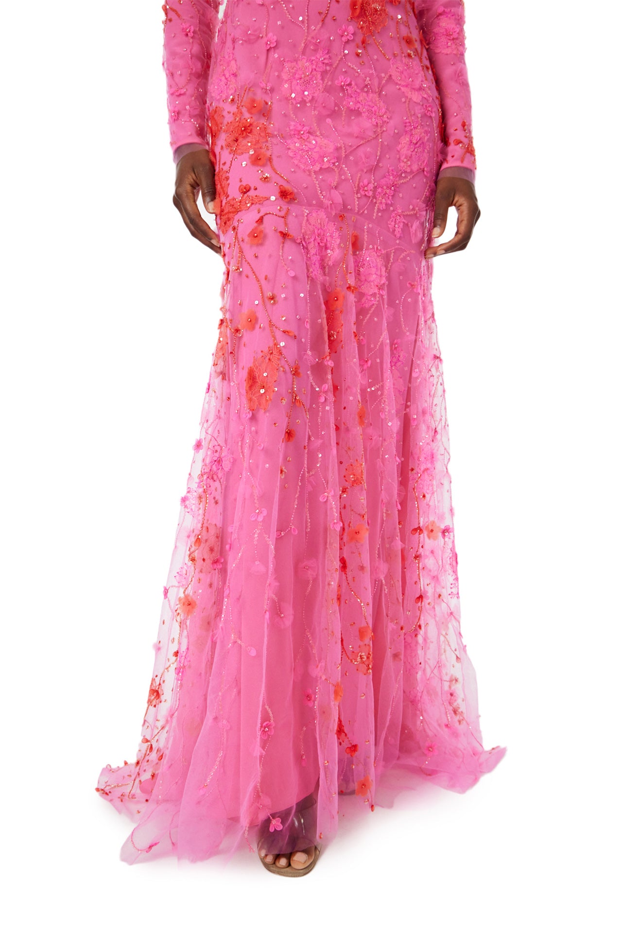 Monique Lhuillier Spring 2024 long sleeve gown in raspberry red embroidery - hem.