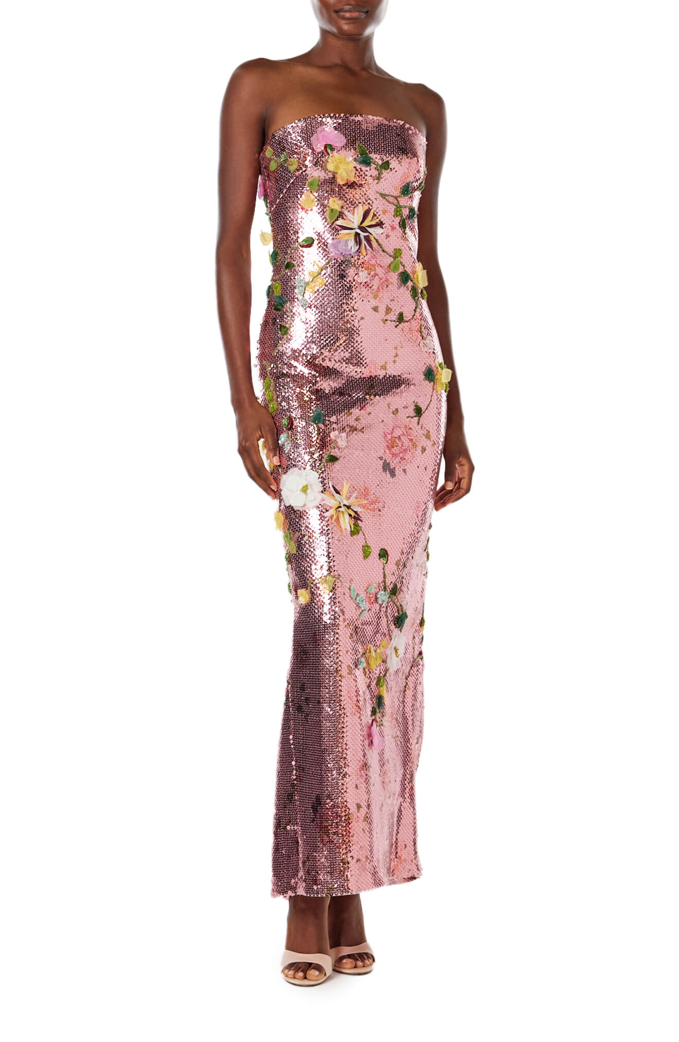 Monique Lhuillier Spring 2024 strapless column gown in cerise colored sequins and floral embroidery - side one.