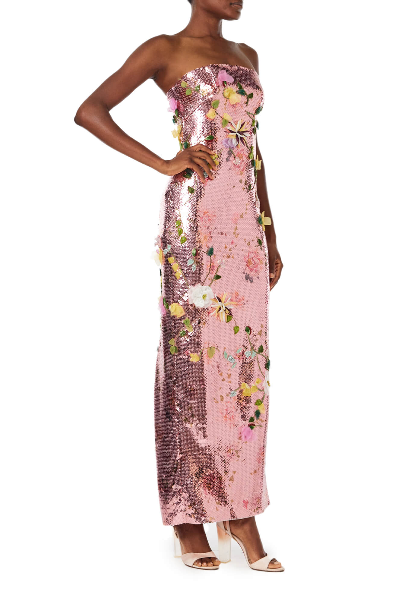 Monique Lhuillier Spring 2024 strapless column gown in cerise colored sequins and floral embroidery - side two.