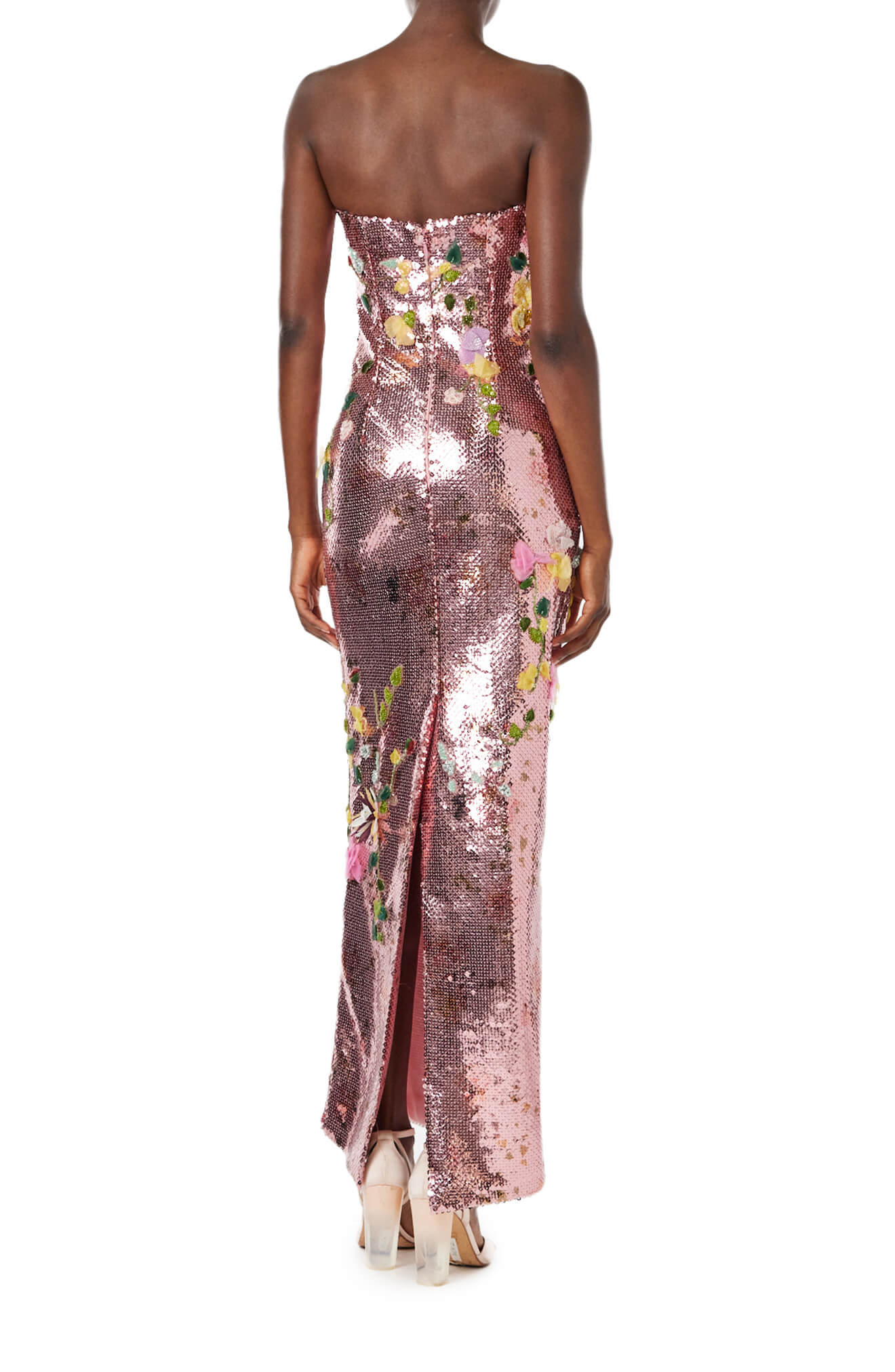 Monique Lhuillier Spring 2024 strapless column gown in cerise colored sequins and floral embroidery - back.