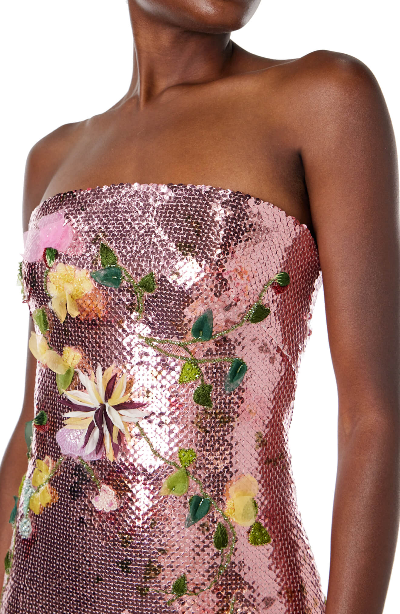 Monique Lhuillier Spring 2024 strapless column gown in cerise colored sequins and floral embroidery - close up bodice.