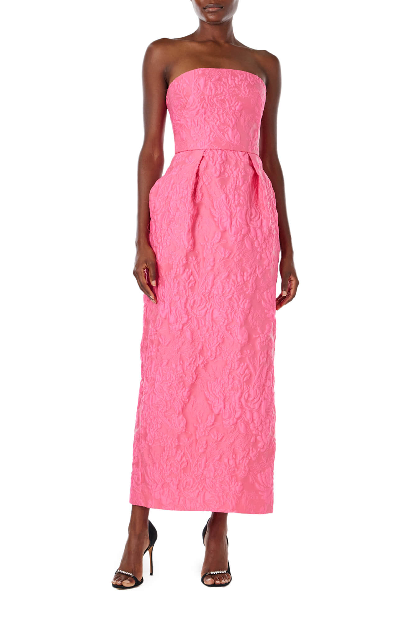 Monique Lhuillier Spring 2024 strapless midi length dress in fuchsia jacquard with tulip skirt and pockets - front.