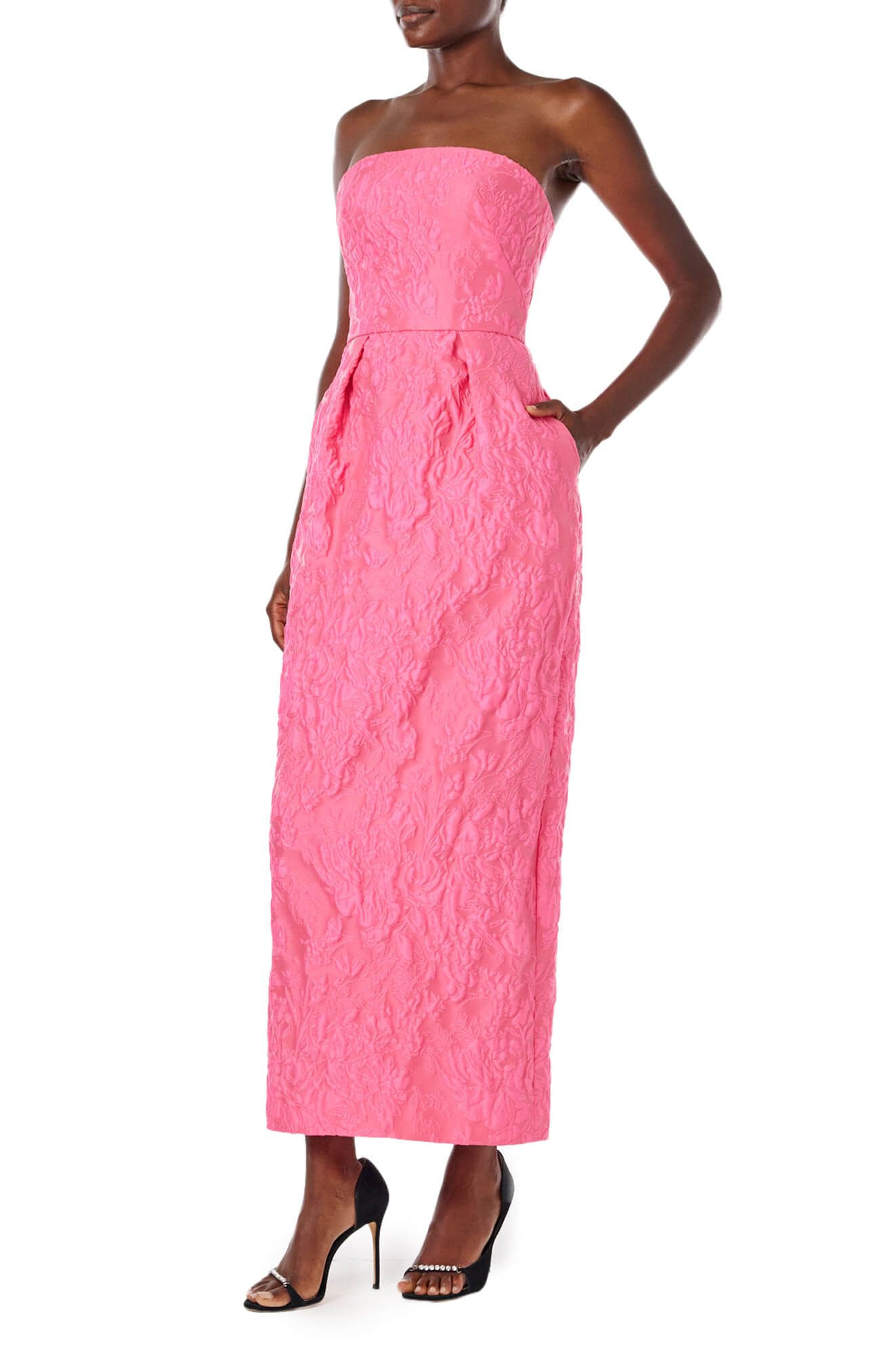 Monique Lhuillier Spring 2024 strapless midi length dress in fuchsia jacquard with tulip skirt and pockets - front.