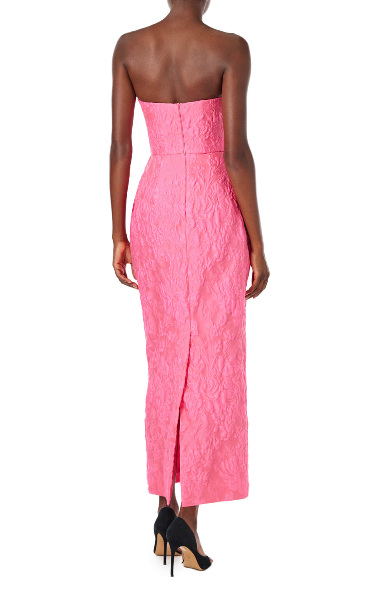 Monique Lhuillier Spring 2024 strapless midi length dress in fuchsia jacquard with tulip skirt and pockets - front.