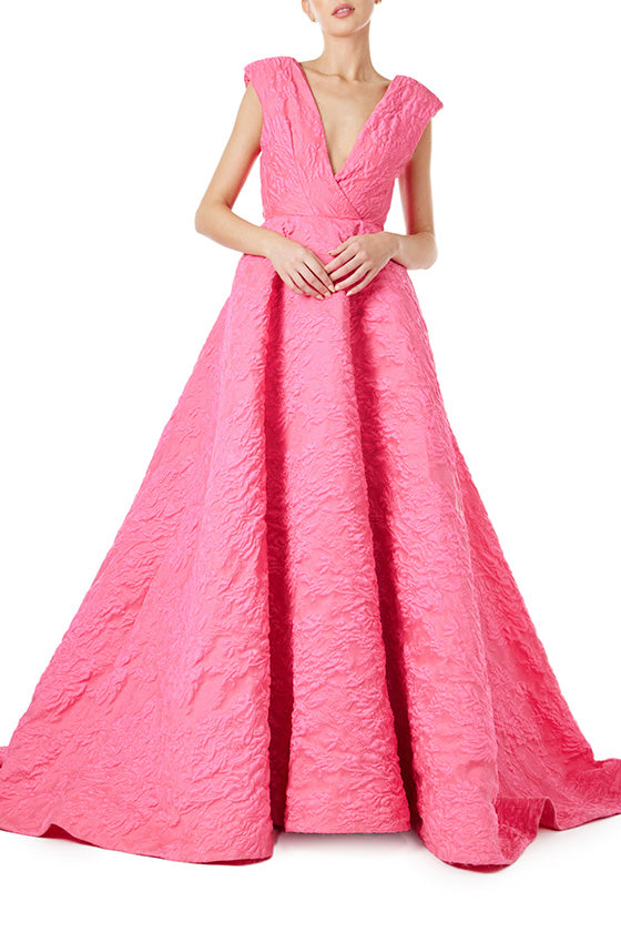 Monique Lhuillier Spring 2024 fuchsia jacquard ballgown with deep v neckline - front again.