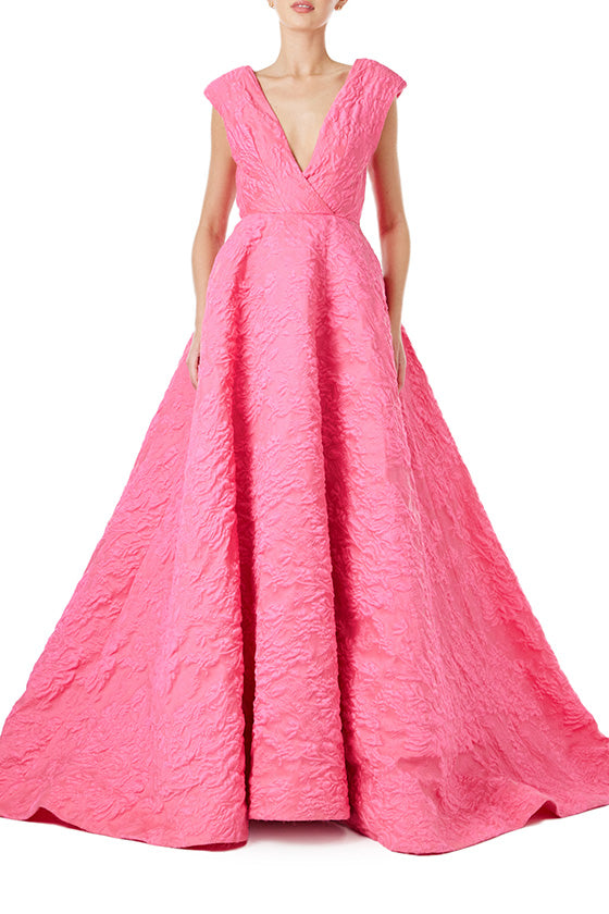 Monique Lhuillier Spring 2024 fuchsia jacquard ballgown with deep v neckline - front. 