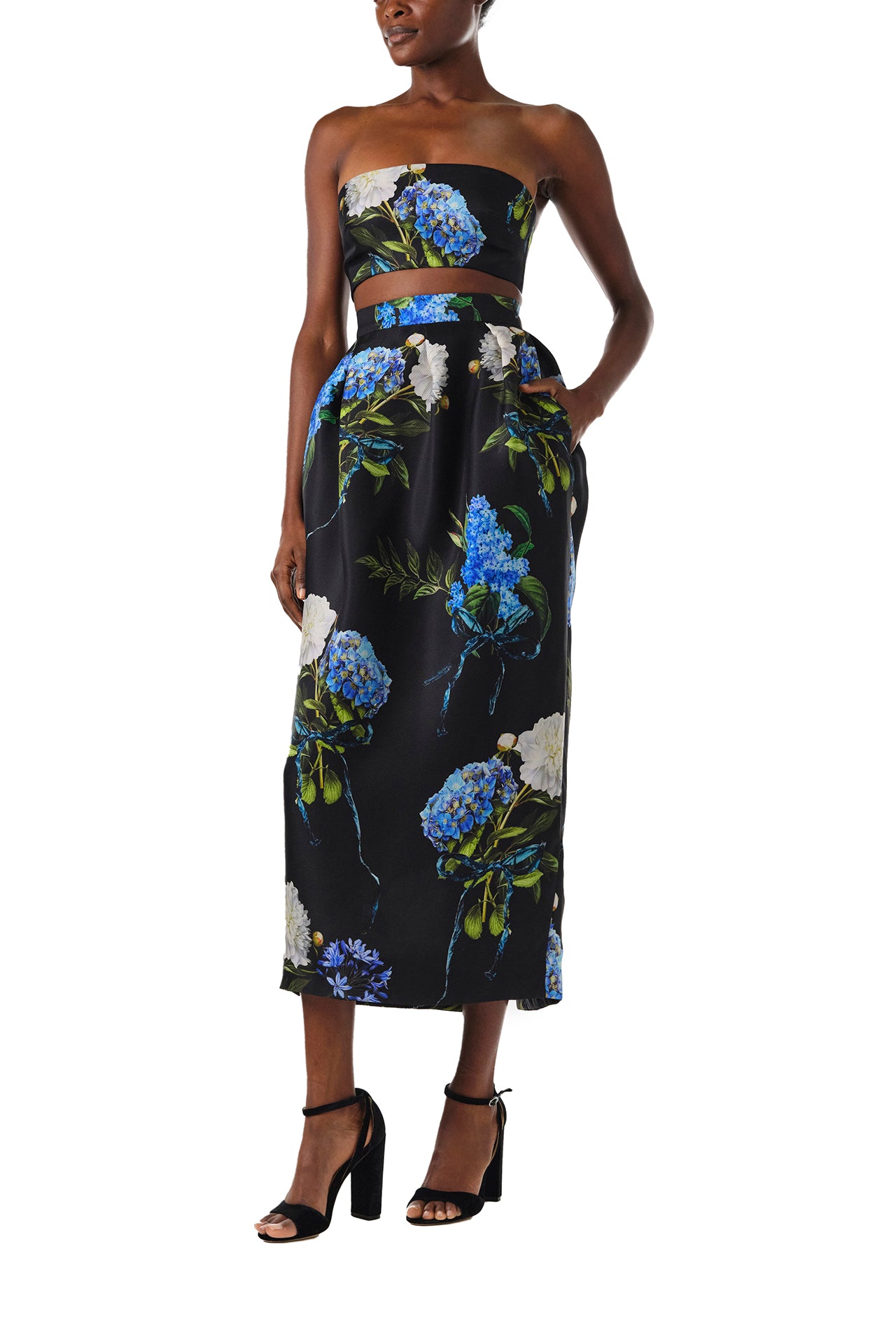 Monique Lhuillier Fall 2024 strapless bandeau in Night Sky Multi floral printed gazar - pockets.