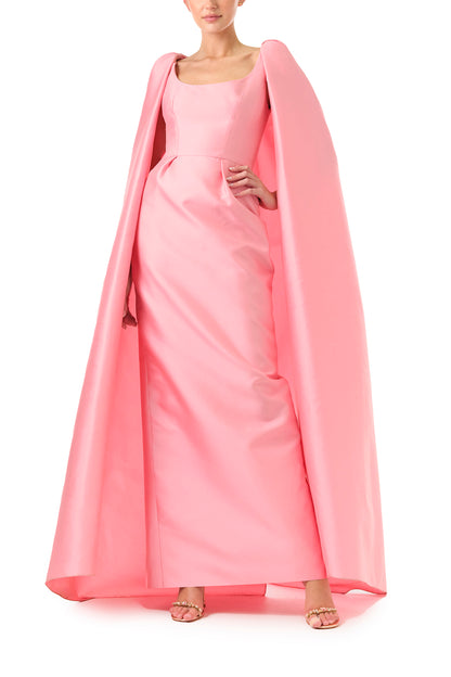 Monique Lhuillier Fall 2024 Dahlia pink mikado, sleeveless column gown with scoop neckline and attached cape - Pink Mikado Scoop Neck Gown With Cape