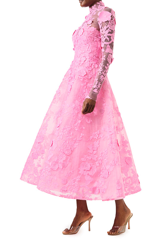 Monique Lhuillier Fall 2024 high neck, long sleeve pink lace jacket with hook and eye closure - left side.