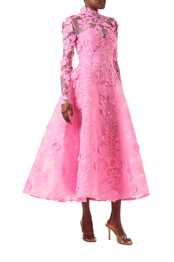 Monique Lhuillier Fall 2024 high neck, long sleeve pink lace jacket with hook and eye closure - right side.