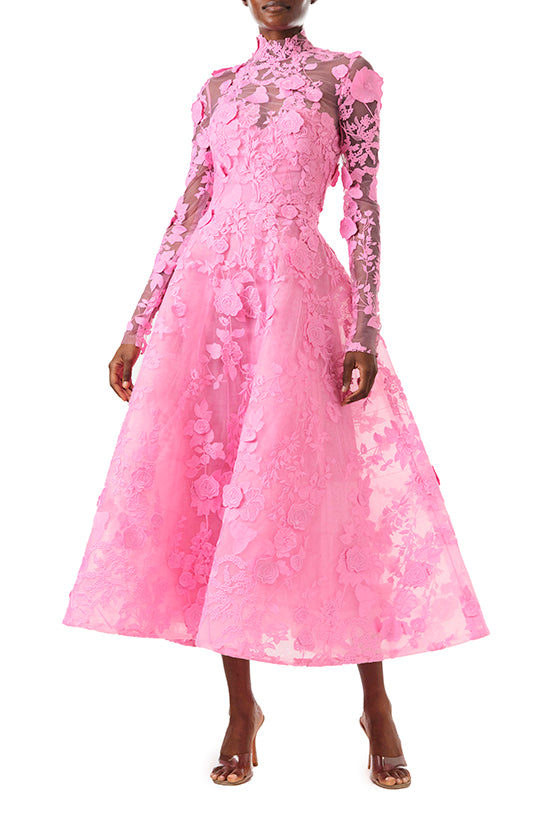 Monique Lhuillier Fall 2024 high neck, long sleeve pink lace jacket with hook and eye closure - front.