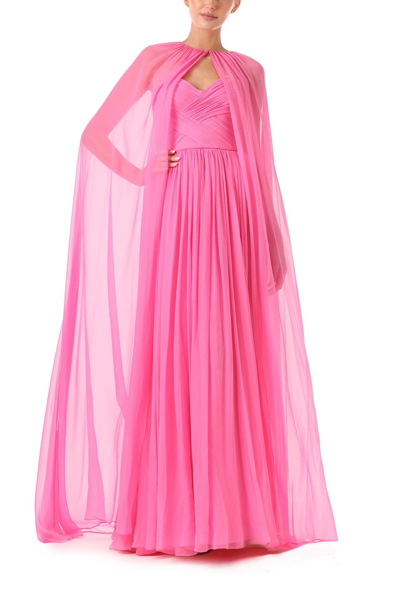 Monique Lhuillier Fall 2024 strapless pink chiffon gown with sweetheart neckline - front with cape.